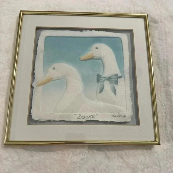 Wesley WESS Smith Ducks Hand Cast Paper Colored Framed Art MCM Signed Brass 90’s - Picture 5 of 13